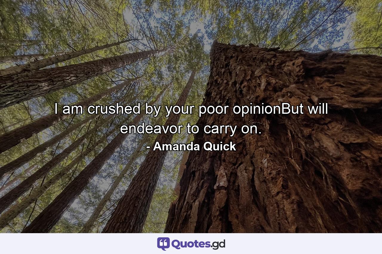 I am crushed by your poor opinionBut will endeavor to carry on. - Quote by Amanda Quick