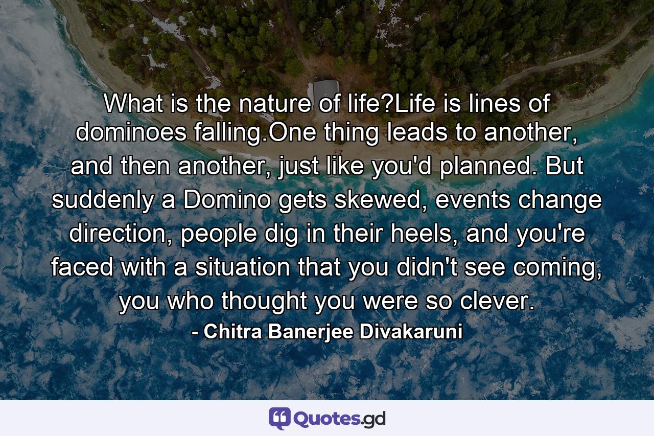 What is the nature of life?Life is lines of dominoes falling.One thing leads to another, and then another, just like you'd planned. But suddenly a Domino gets skewed, events change direction, people dig in their heels, and you're faced with a situation that you didn't see coming, you who thought you were so clever. - Quote by Chitra Banerjee Divakaruni