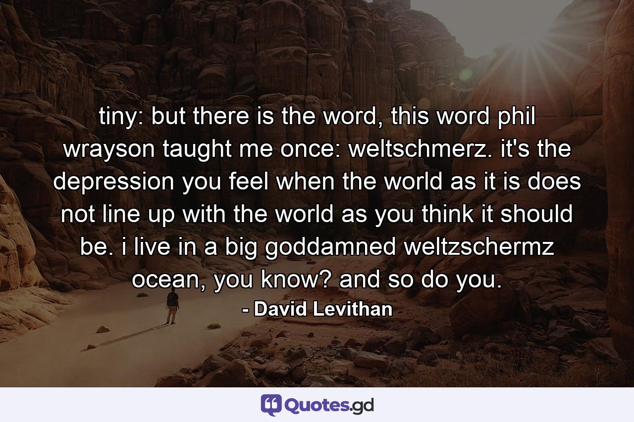 tiny: but there is the word, this word phil wrayson taught me once: weltschmerz. it's the depression you feel when the world as it is does not line up with the world as you think it should be. i live in a big goddamned weltzschermz ocean, you know? and so do you. - Quote by David Levithan