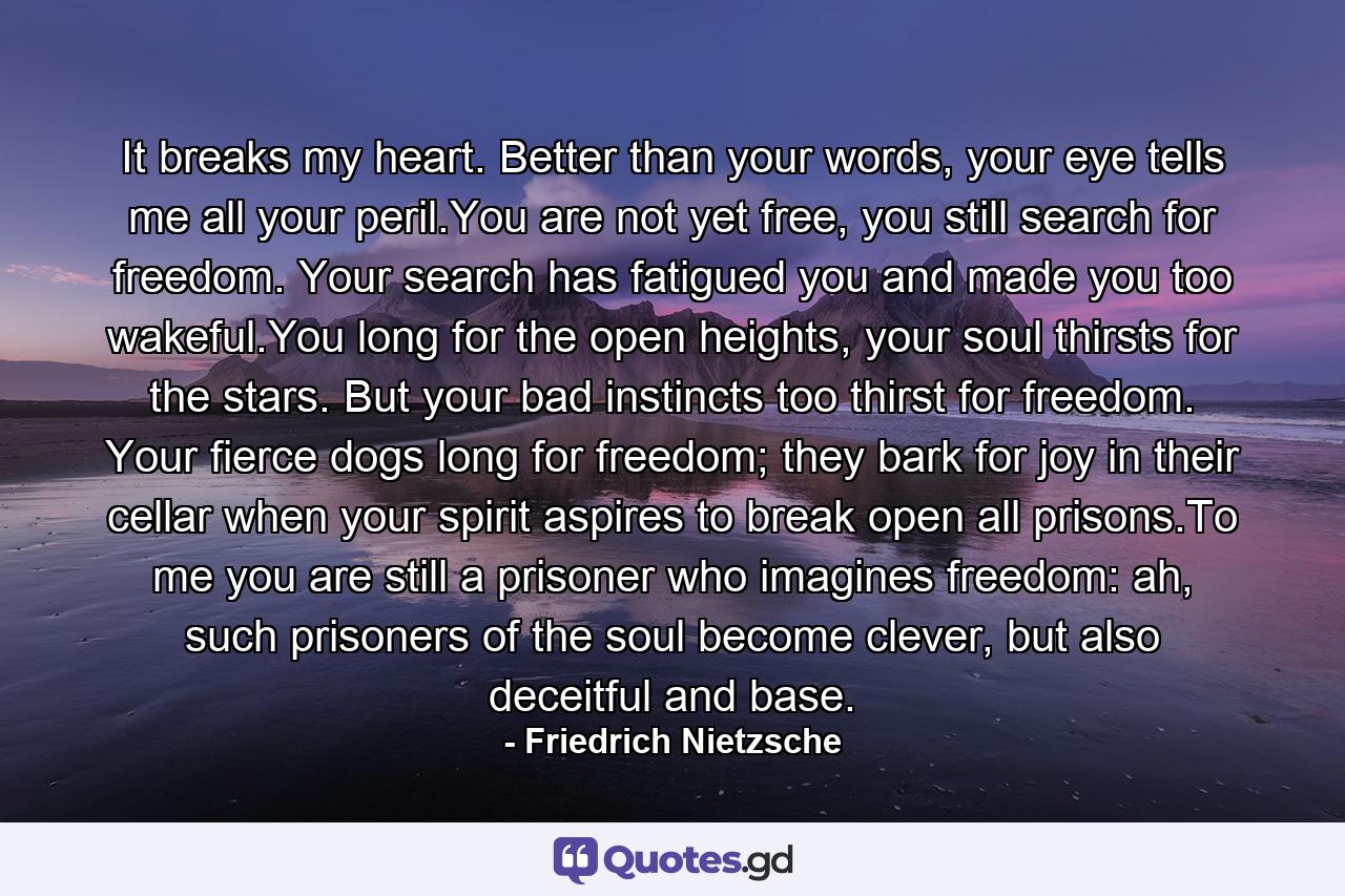 It breaks my heart. Better than your words, your eye tells me all your peril.You are not yet free, you still search for freedom. Your search has fatigued you and made you too wakeful.You long for the open heights, your soul thirsts for the stars. But your bad instincts too thirst for freedom. Your fierce dogs long for freedom; they bark for joy in their cellar when your spirit aspires to break open all prisons.To me you are still a prisoner who imagines freedom: ah, such prisoners of the soul become clever, but also deceitful and base. - Quote by Friedrich Nietzsche