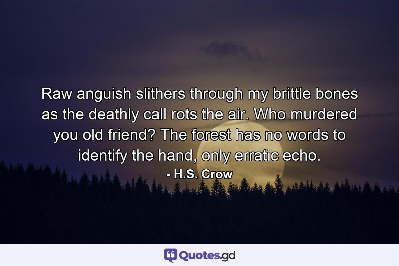 Raw anguish slithers through my brittle bones as the deathly call rots the air. Who murdered you old friend? The forest has no words to identify the hand, only erratic echo. - Quote by H.S. Crow