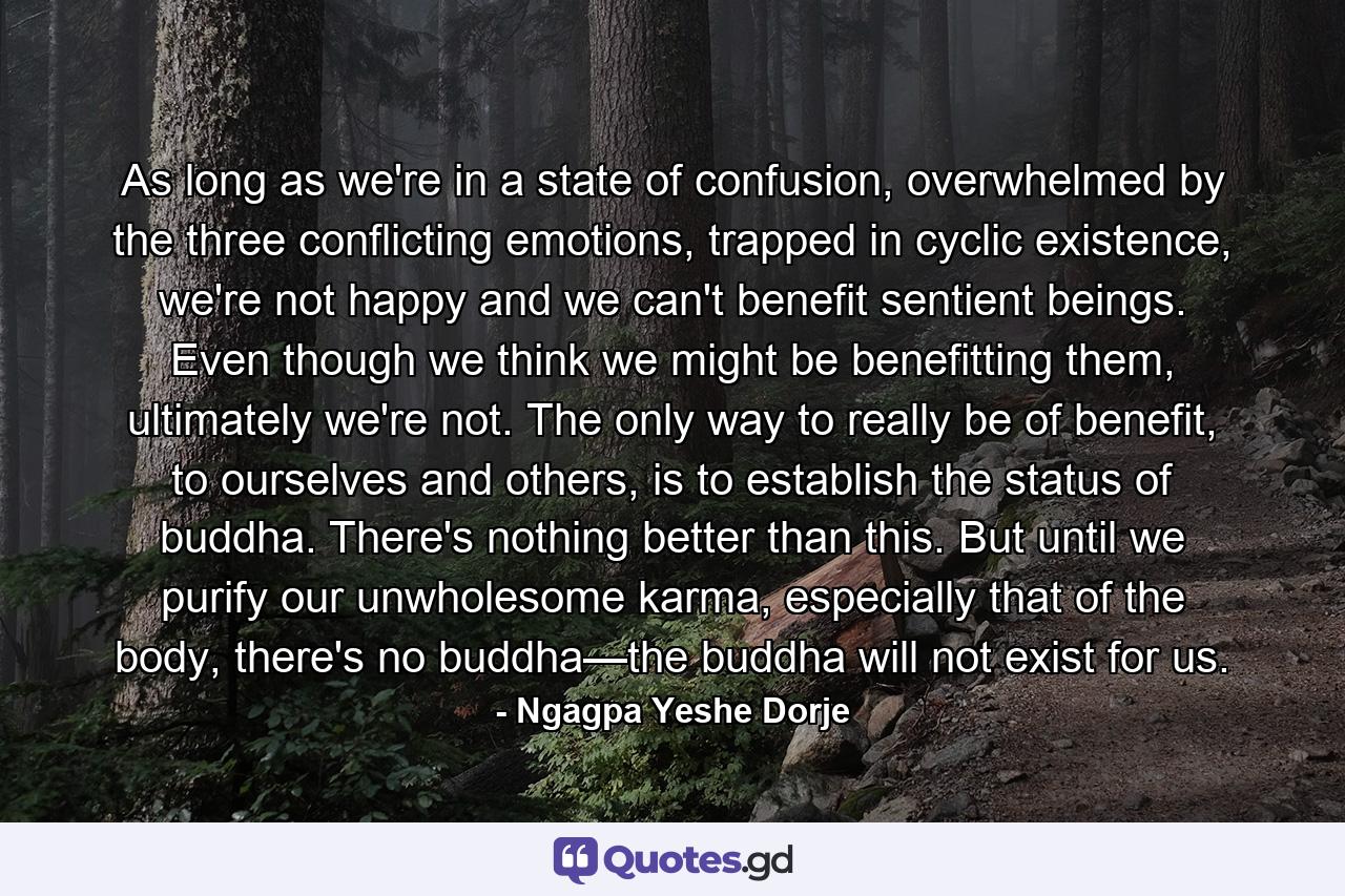 As long as we're in a state of confusion, overwhelmed by the three conflicting emotions, trapped in cyclic existence, we're not happy and we can't benefit sentient beings. Even though we think we might be benefitting them, ultimately we're not. The only way to really be of benefit, to ourselves and others, is to establish the status of buddha. There's nothing better than this. But until we purify our unwholesome karma, especially that of the body, there's no buddha—the buddha will not exist for us. - Quote by Ngagpa Yeshe Dorje