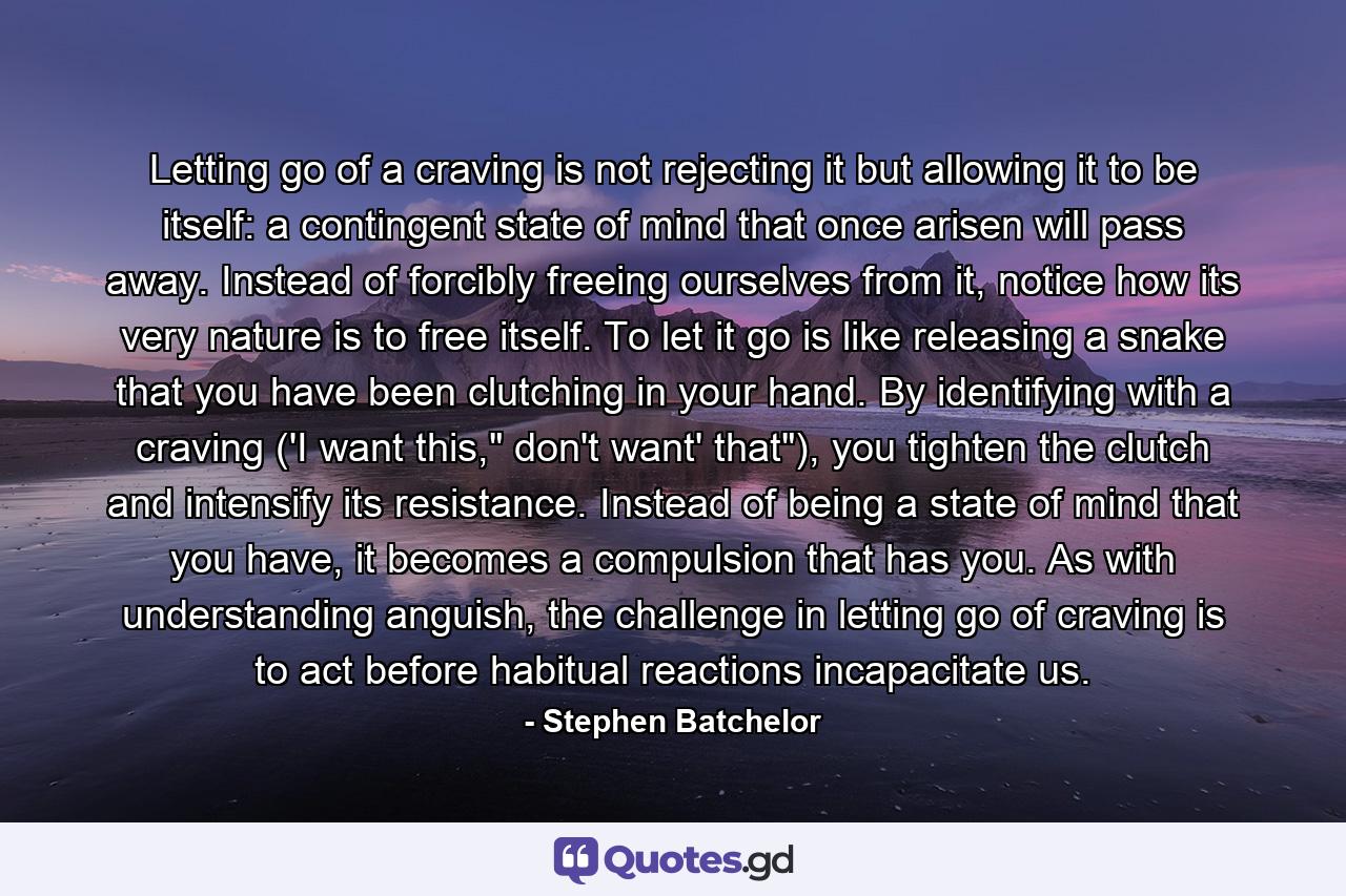 Letting go of a craving is not rejecting it but allowing it to be itself: a contingent state of mind that once arisen will pass away. Instead of forcibly freeing ourselves from it, notice how its very nature is to free itself. To let it go is like releasing a snake that you have been clutching in your hand. By identifying with a craving ('I want this,