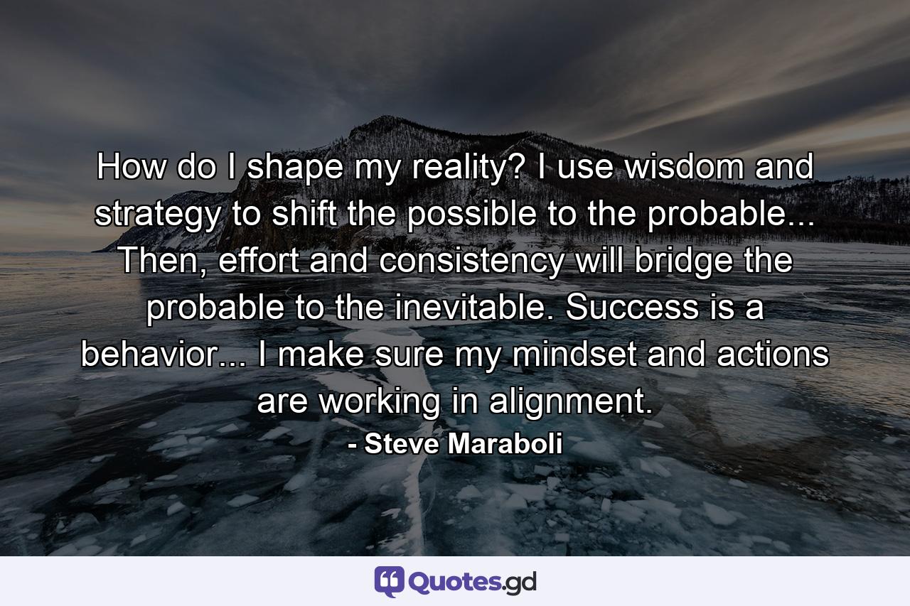 How do I shape my reality? I use wisdom and strategy to shift the possible to the probable... Then, effort and consistency will bridge the probable to the inevitable. Success is a behavior... I make sure my mindset and actions are working in alignment. - Quote by Steve Maraboli