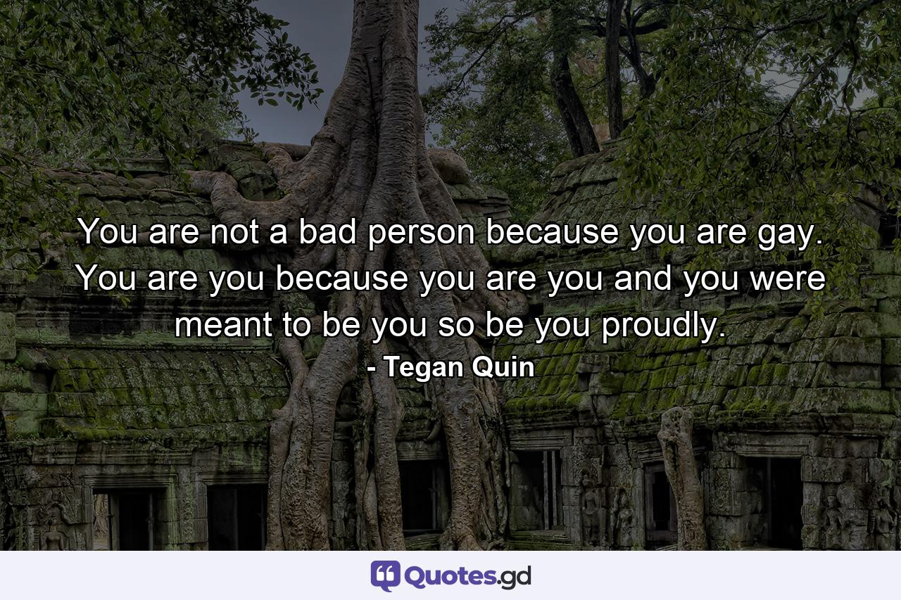 You are not a bad person because you are gay. You are you because you are you and you were meant to be you so be you proudly. - Quote by Tegan Quin