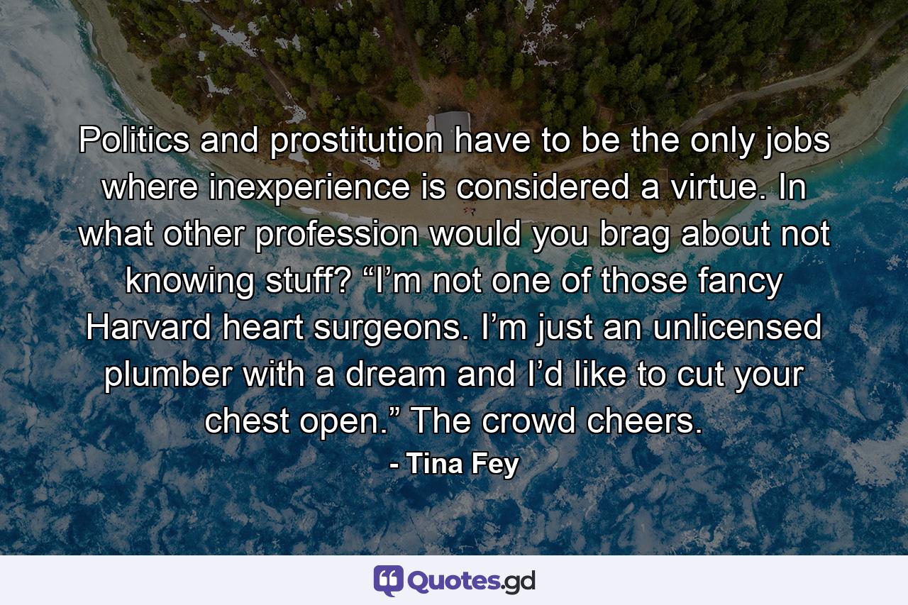 Politics and prostitution have to be the only jobs where inexperience is considered a virtue. In what other profession would you brag about not knowing stuff? “I’m not one of those fancy Harvard heart surgeons. I’m just an unlicensed plumber with a dream and I’d like to cut your chest open.” The crowd cheers. - Quote by Tina Fey