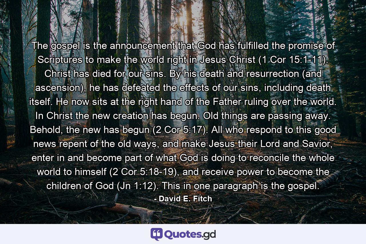 The gospel is the announcement that God has fulfilled the promise of Scriptures to make the world right in Jesus Christ (1 Cor 15:1-11). Christ has died for our sins. By his death and resurrection (and ascension), he has defeated the effects of our sins, including death itself. He now sits at the right hand of the Father ruling over the world. In Christ the new creation has begun. Old things are passing away. Behold, the new has begun (2 Cor 5:17). All who respond to this good news repent of the old ways, and make Jesus their Lord and Savior, enter in and become part of what God is doing to reconcile the whole world to himself (2 Cor 5:18-19), and receive power to become the children of God (Jn 1:12). This in one paragraph is the gospel. - Quote by David E. Fitch