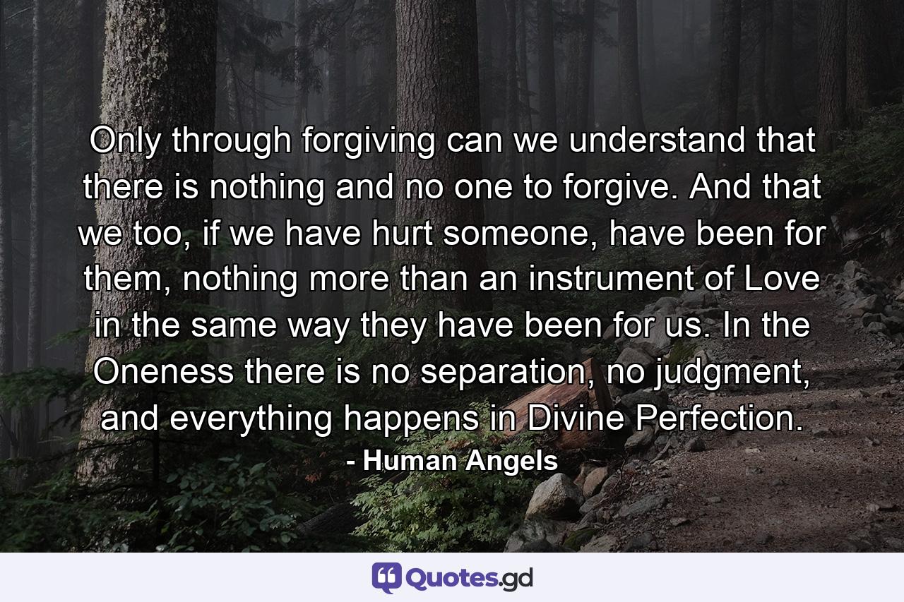 Only through forgiving can we understand that there is nothing and no one to forgive. And that we too, if we have hurt someone, have been for them, nothing more than an instrument of Love in the same way they have been for us. In the Oneness there is no separation, no judgment, and everything happens in Divine Perfection. - Quote by Human Angels