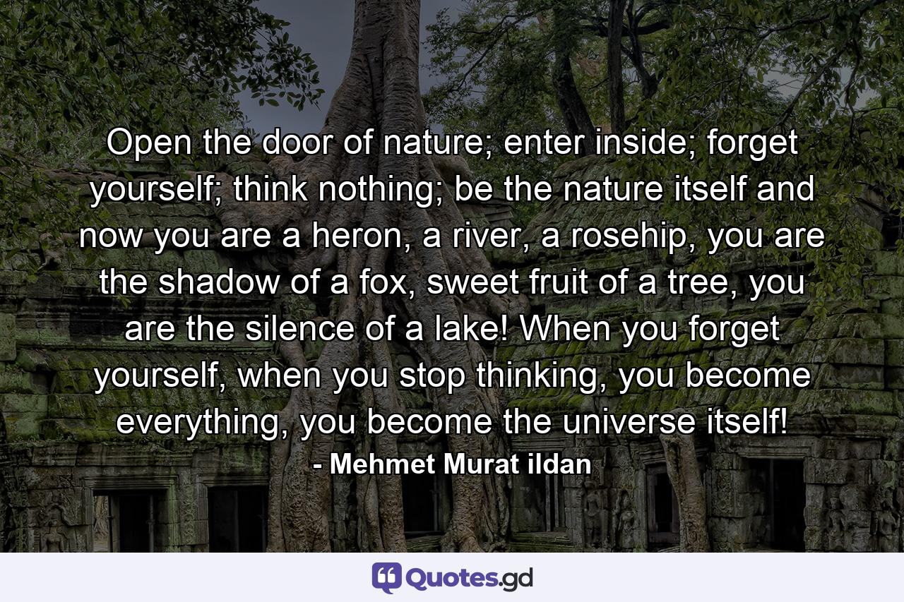 Open the door of nature; enter inside; forget yourself; think nothing; be the nature itself and now you are a heron, a river, a rosehip, you are the shadow of a fox, sweet fruit of a tree, you are the silence of a lake! When you forget yourself, when you stop thinking, you become everything, you become the universe itself! - Quote by Mehmet Murat ildan