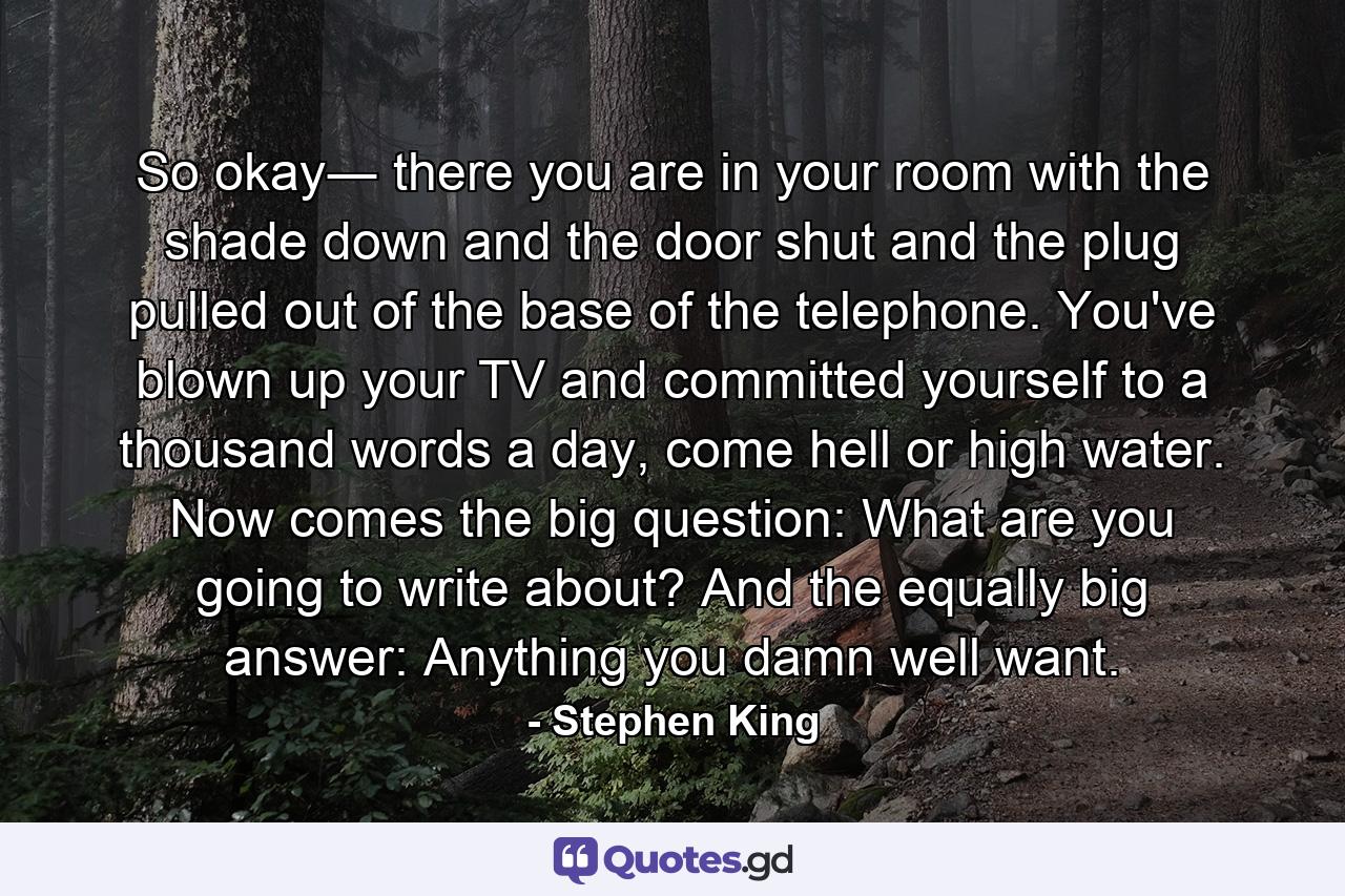 So okay― there you are in your room with the shade down and the door shut and the plug pulled out of the base of the telephone. You've blown up your TV and committed yourself to a thousand words a day, come hell or high water. Now comes the big question: What are you going to write about? And the equally big answer: Anything you damn well want. - Quote by Stephen King