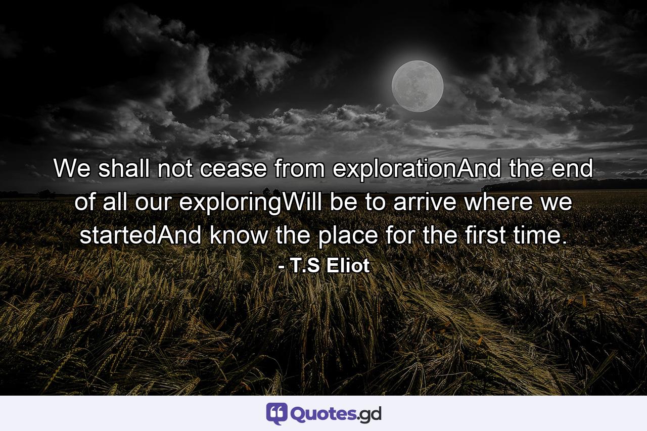 We shall not cease from explorationAnd the end of all our exploringWill be to arrive where we startedAnd know the place for the first time. - Quote by T.S Eliot