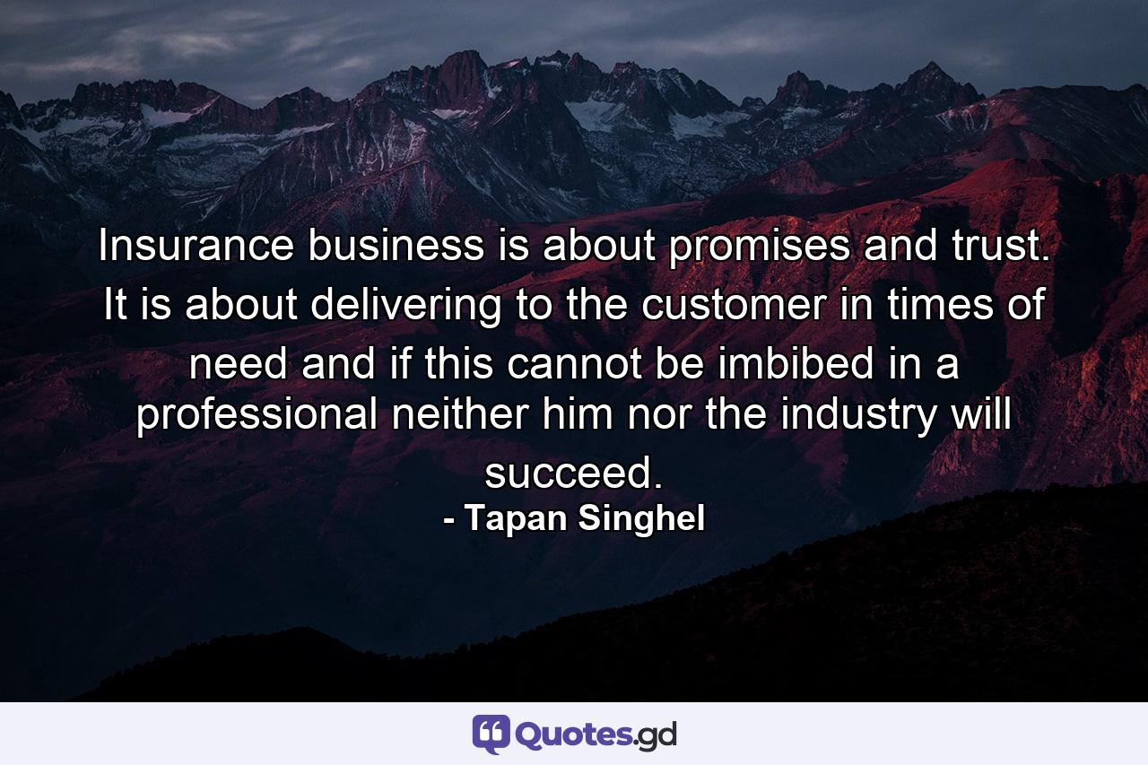 Insurance business is about promises and trust. It is about delivering to the customer in times of need and if this cannot be imbibed in a professional neither him nor the industry will succeed. - Quote by Tapan Singhel