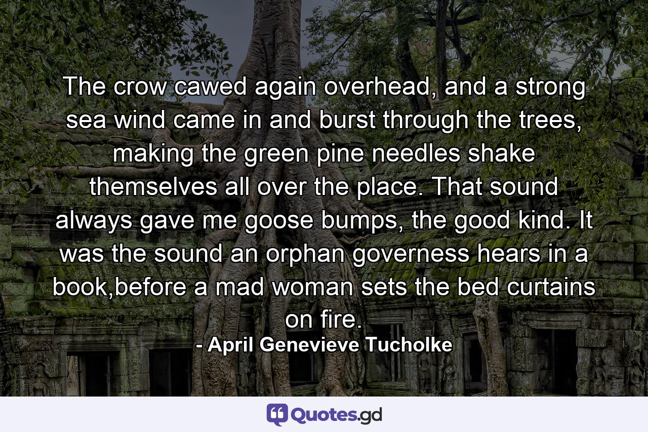 The crow cawed again overhead, and a strong sea wind came in and burst through the trees, making the green pine needles shake themselves all over the place. That sound always gave me goose bumps, the good kind. It was the sound an orphan governess hears in a book,before a mad woman sets the bed curtains on fire. - Quote by April Genevieve Tucholke