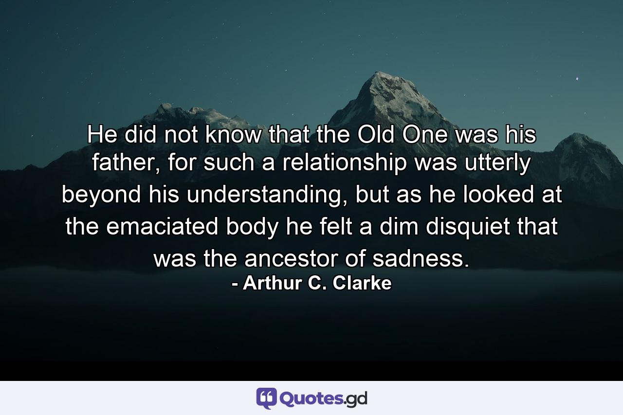 He did not know that the Old One was his father, for such a relationship was utterly beyond his understanding, but as he looked at the emaciated body he felt a dim disquiet that was the ancestor of sadness. - Quote by Arthur C. Clarke