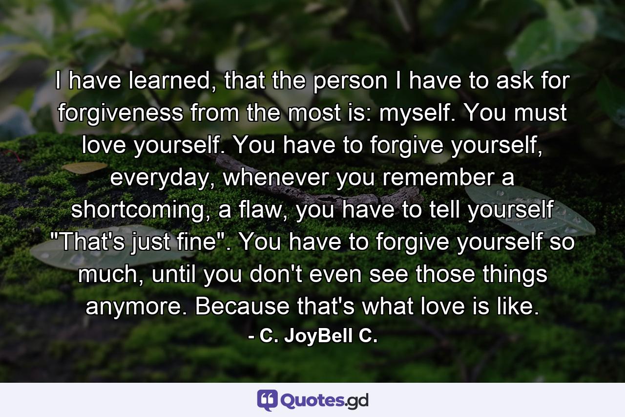 I have learned, that the person I have to ask for forgiveness from the most is: myself. You must love yourself. You have to forgive yourself, everyday, whenever you remember a shortcoming, a flaw, you have to tell yourself 