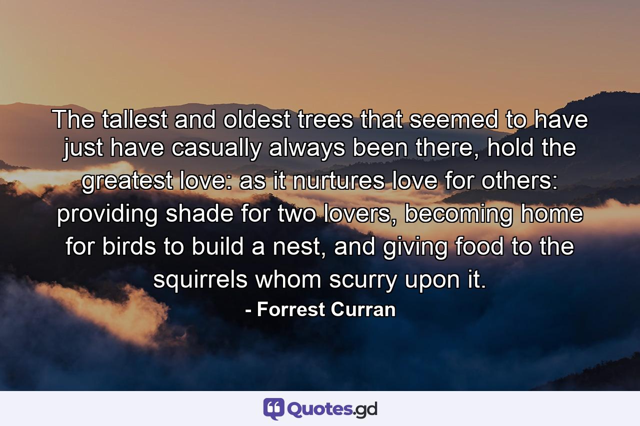 The tallest and oldest trees that seemed to have just have casually always been there, hold the greatest love: as it nurtures love for others: providing shade for two lovers, becoming home for birds to build a nest, and giving food to the squirrels whom scurry upon it. - Quote by Forrest Curran