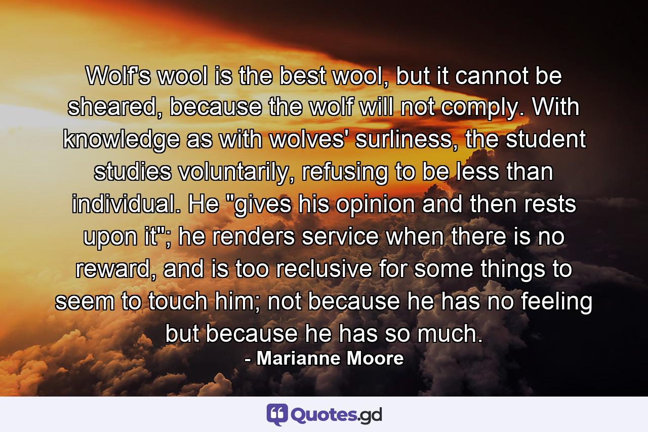 Wolf's wool is the best wool, but it cannot be sheared, because the wolf will not comply. With knowledge as with wolves' surliness, the student studies voluntarily, refusing to be less than individual. He 