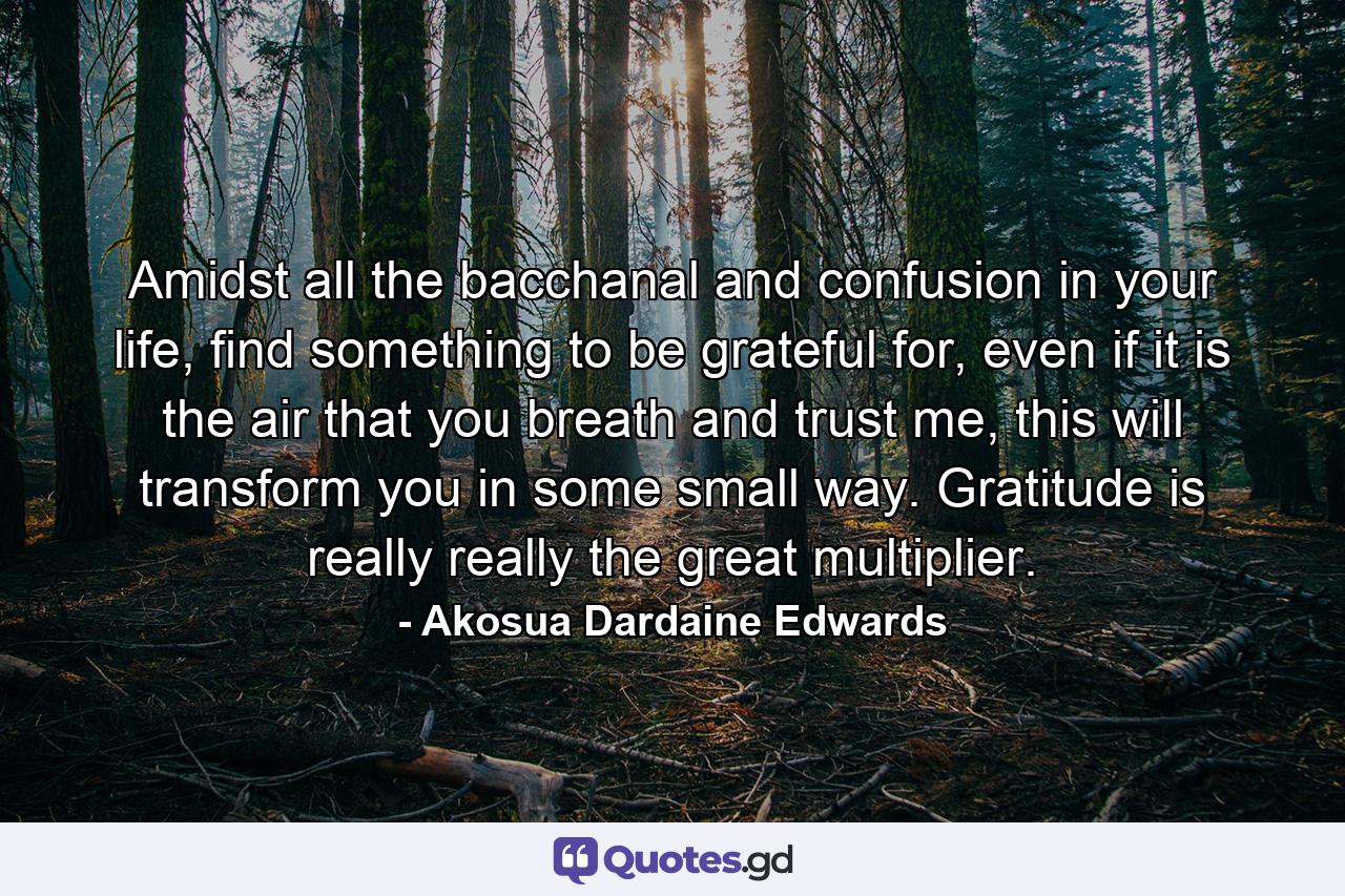Amidst all the bacchanal and confusion in your life, find something to be grateful for, even if it is the air that you breath and trust me, this will transform you in some small way. Gratitude is really really the great multiplier. - Quote by Akosua Dardaine Edwards