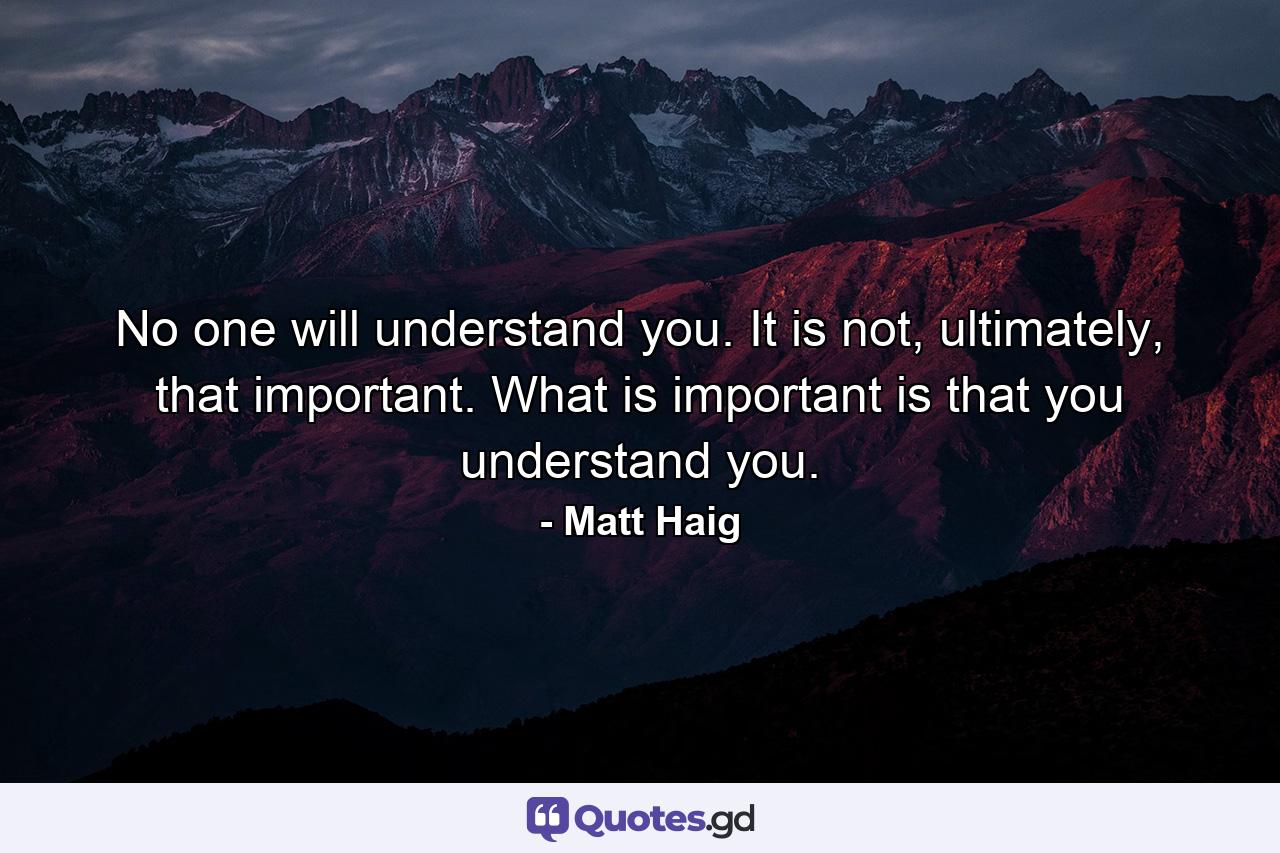 No one will understand you. It is not, ultimately, that important. What is important is that you understand you. - Quote by Matt Haig