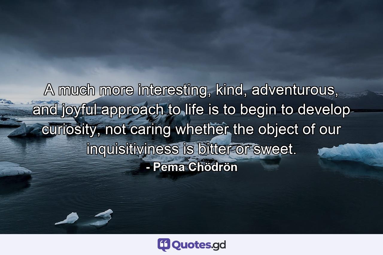 A much more interesting, kind, adventurous, and joyful approach to life is to begin to develop curiosity, not caring whether the object of our inquisitiviness is bitter or sweet. - Quote by Pema Chödrön
