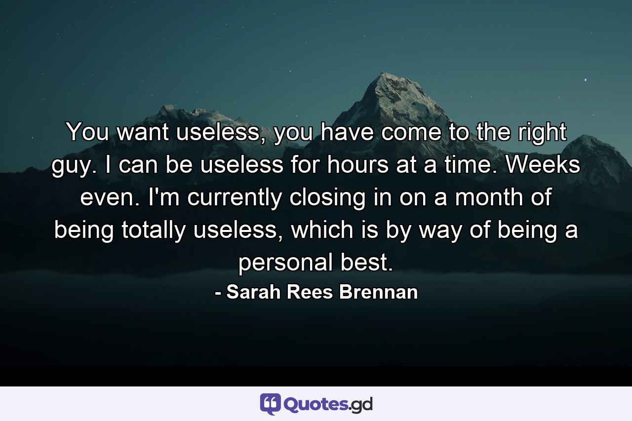 You want useless, you have come to the right guy. I can be useless for hours at a time. Weeks even. I'm currently closing in on a month of being totally useless, which is by way of being a personal best. - Quote by Sarah Rees Brennan