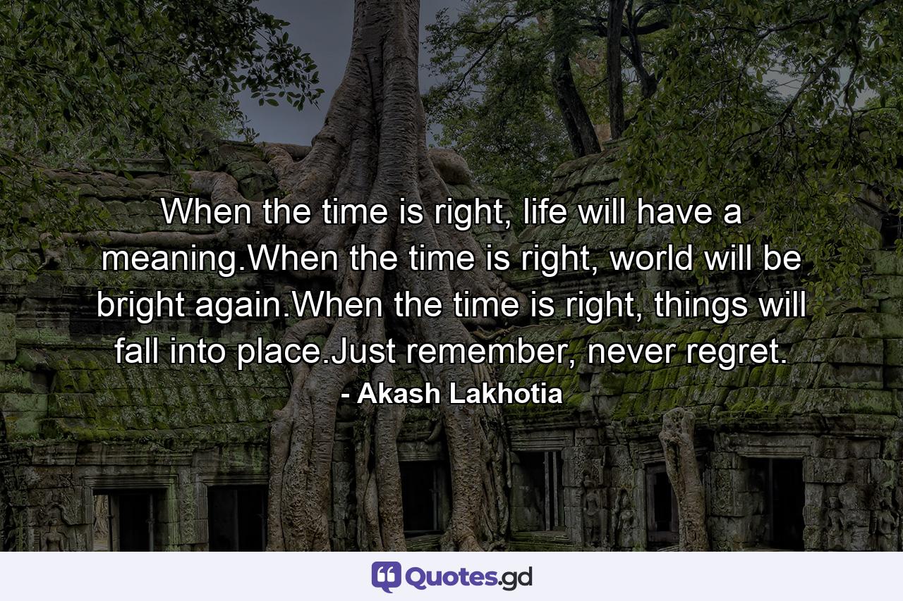 When the time is right, life will have a meaning.When the time is right, world will be bright again.When the time is right, things will fall into place.Just remember, never regret. - Quote by Akash Lakhotia