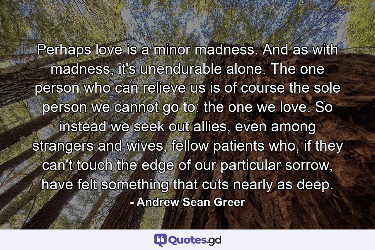 Perhaps love is a minor madness. And as with madness, it's unendurable alone. The one person who can relieve us is of course the sole person we cannot go to: the one we love. So instead we seek out allies, even among strangers and wives, fellow patients who, if they can't touch the edge of our particular sorrow, have felt something that cuts nearly as deep. - Quote by Andrew Sean Greer