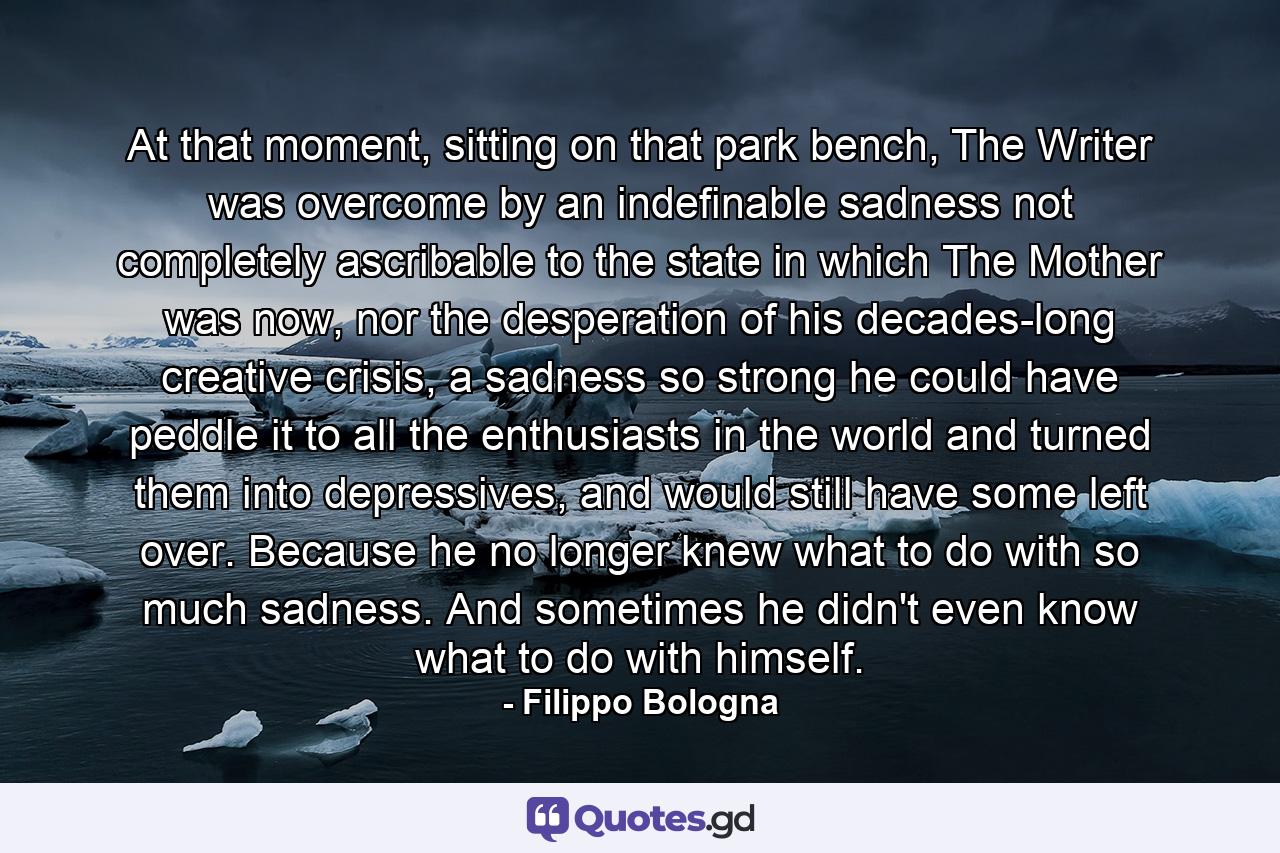 At that moment, sitting on that park bench, The Writer was overcome by an indefinable sadness not completely ascribable to the state in which The Mother was now, nor the desperation of his decades-long creative crisis, a sadness so strong he could have peddle it to all the enthusiasts in the world and turned them into depressives, and would still have some left over. Because he no longer knew what to do with so much sadness. And sometimes he didn't even know what to do with himself. - Quote by Filippo Bologna