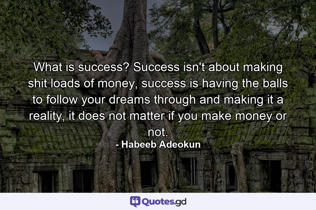 What is success? Success isn't about making shit loads of money, success is having the balls to follow your dreams through and making it a reality, it does not matter if you make money or not. - Quote by Habeeb Adeokun