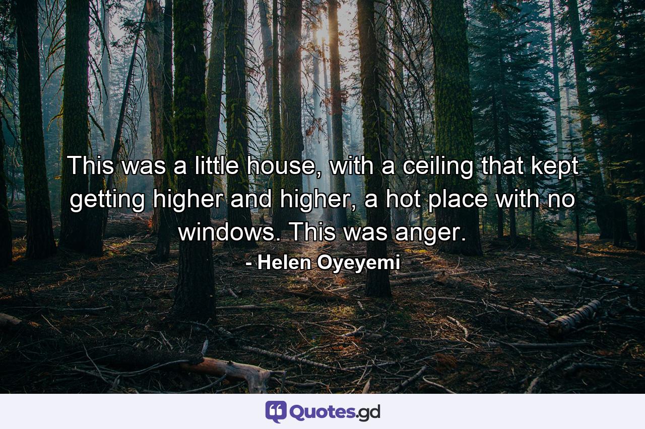 This was a little house, with a ceiling that kept getting higher and higher, a hot place with no windows. This was anger. - Quote by Helen Oyeyemi