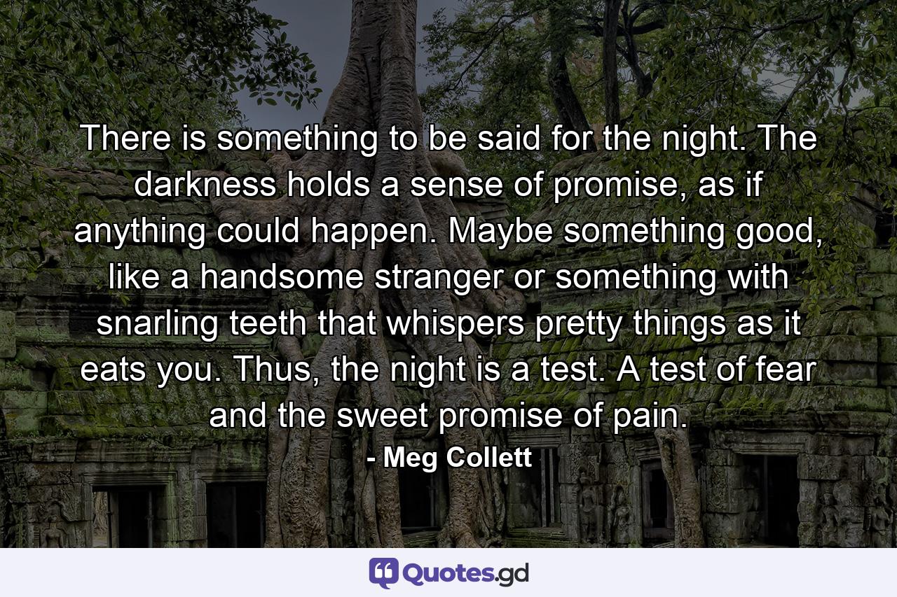 There is something to be said for the night. The darkness holds a sense of promise, as if anything could happen. Maybe something good, like a handsome stranger or something with snarling teeth that whispers pretty things as it eats you. Thus, the night is a test. A test of fear and the sweet promise of pain. - Quote by Meg Collett