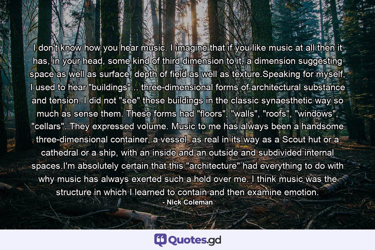 I don't know how you hear music. I imagine that if you like music at all then it has, in your head, some kind of third dimension to it, a dimension suggesting space as well as surface, depth of field as well as texture.Speaking for myself, I used to hear 