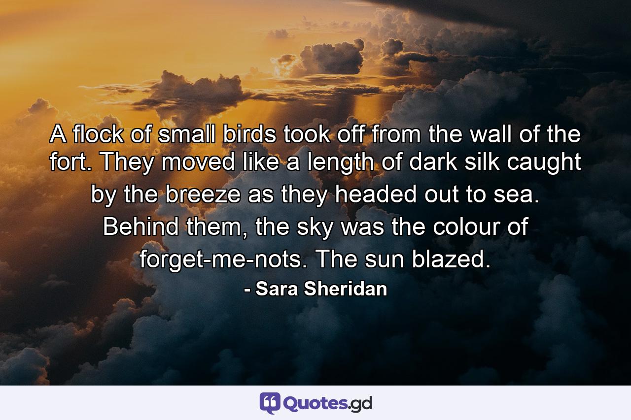 A flock of small birds took off from the wall of the fort. They moved like a length of dark silk caught by the breeze as they headed out to sea. Behind them, the sky was the colour of forget-me-nots. The sun blazed. - Quote by Sara Sheridan