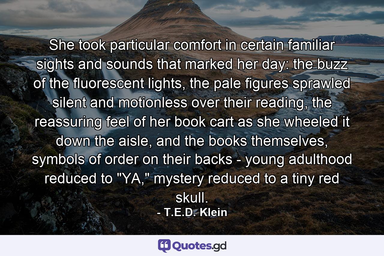 She took particular comfort in certain familiar sights and sounds that marked her day: the buzz of the fluorescent lights, the pale figures sprawled silent and motionless over their reading, the reassuring feel of her book cart as she wheeled it down the aisle, and the books themselves, symbols of order on their backs - young adulthood reduced to 