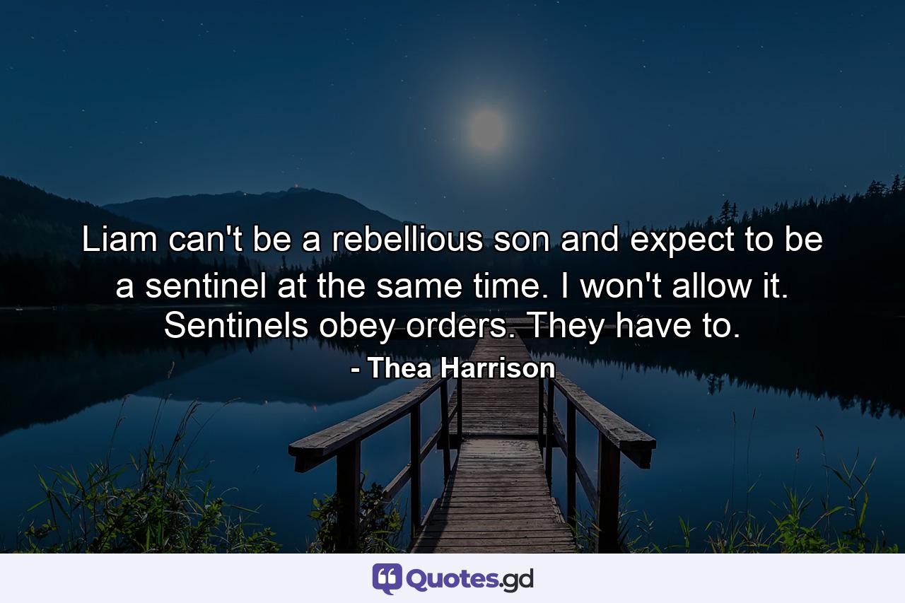 Liam can't be a rebellious son and expect to be a sentinel at the same time. I won't allow it. Sentinels obey orders. They have to. - Quote by Thea Harrison