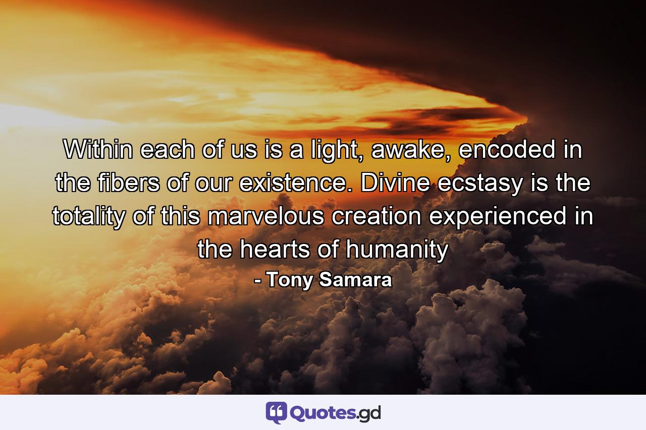 Within each of us is a light, awake, encoded in the fibers of our existence. Divine ecstasy is the totality of this marvelous creation experienced in the hearts of humanity - Quote by Tony Samara