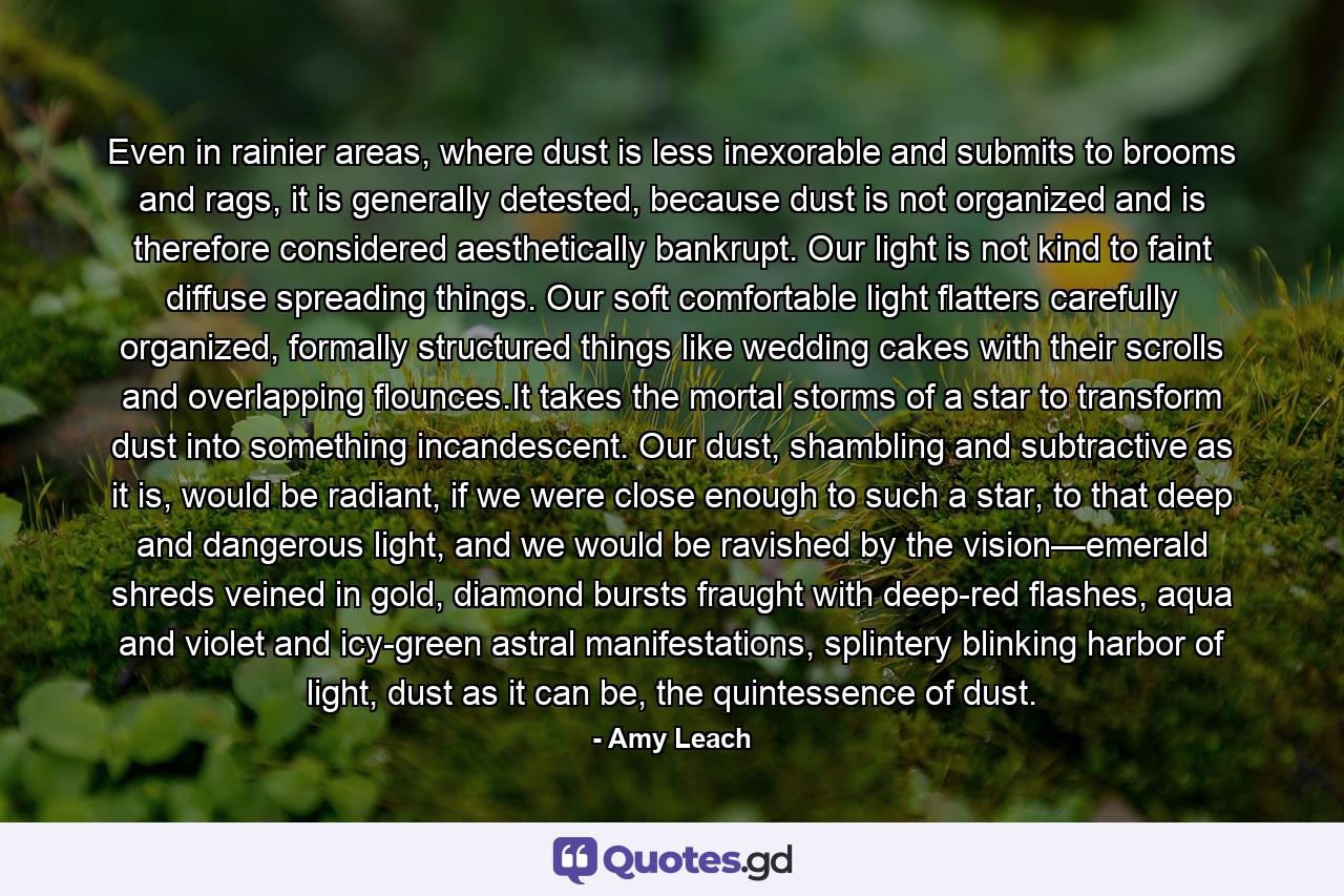 Even in rainier areas, where dust is less inexorable and submits to brooms and rags, it is generally detested, because dust is not organized and is therefore considered aesthetically bankrupt. Our light is not kind to faint diffuse spreading things. Our soft comfortable light flatters carefully organized, formally structured things like wedding cakes with their scrolls and overlapping flounces.It takes the mortal storms of a star to transform dust into something incandescent. Our dust, shambling and subtractive as it is, would be radiant, if we were close enough to such a star, to that deep and dangerous light, and we would be ravished by the vision—emerald shreds veined in gold, diamond bursts fraught with deep-red flashes, aqua and violet and icy-green astral manifestations, splintery blinking harbor of light, dust as it can be, the quintessence of dust. - Quote by Amy Leach