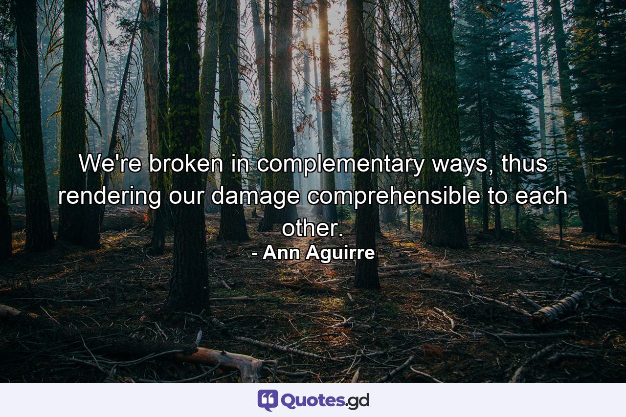 We're broken in complementary ways, thus rendering our damage comprehensible to each other. - Quote by Ann Aguirre