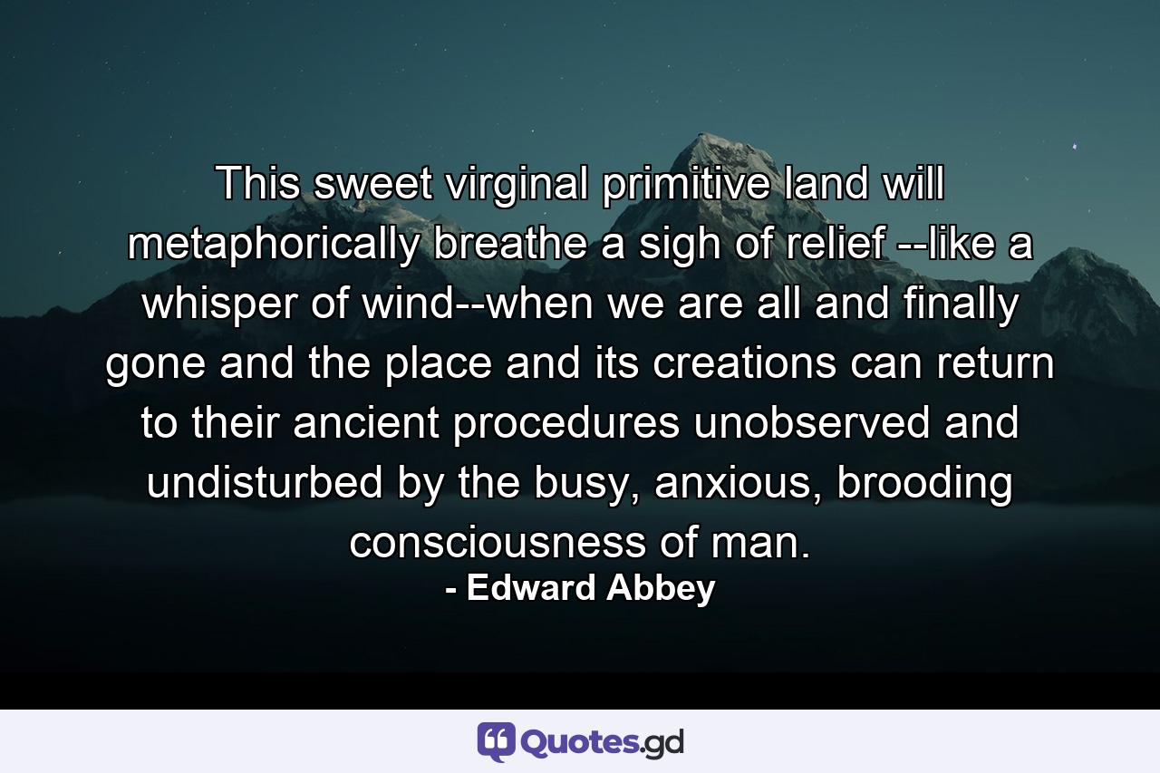 This sweet virginal primitive land will metaphorically breathe a sigh of relief --like a whisper of wind--when we are all and finally gone and the place and its creations can return to their ancient procedures unobserved and undisturbed by the busy, anxious, brooding consciousness of man. - Quote by Edward Abbey