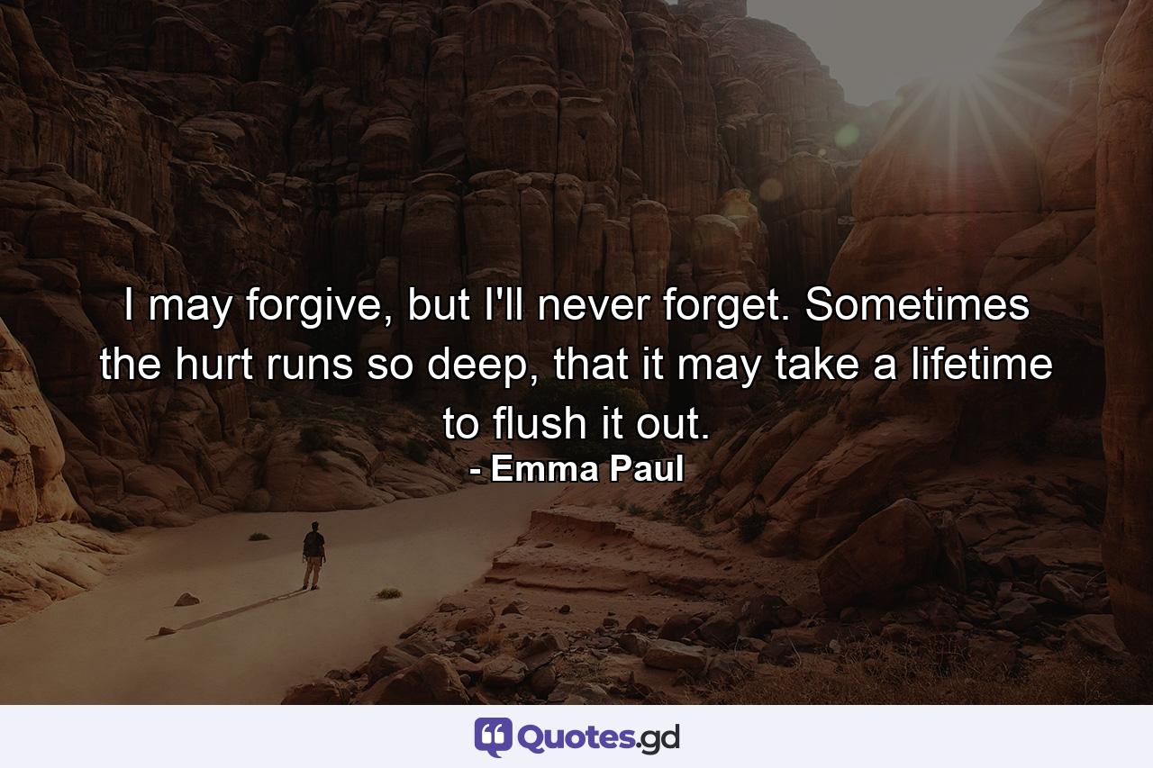 I may forgive, but I'll never forget. Sometimes the hurt runs so deep, that it may take a lifetime to flush it out. - Quote by Emma Paul