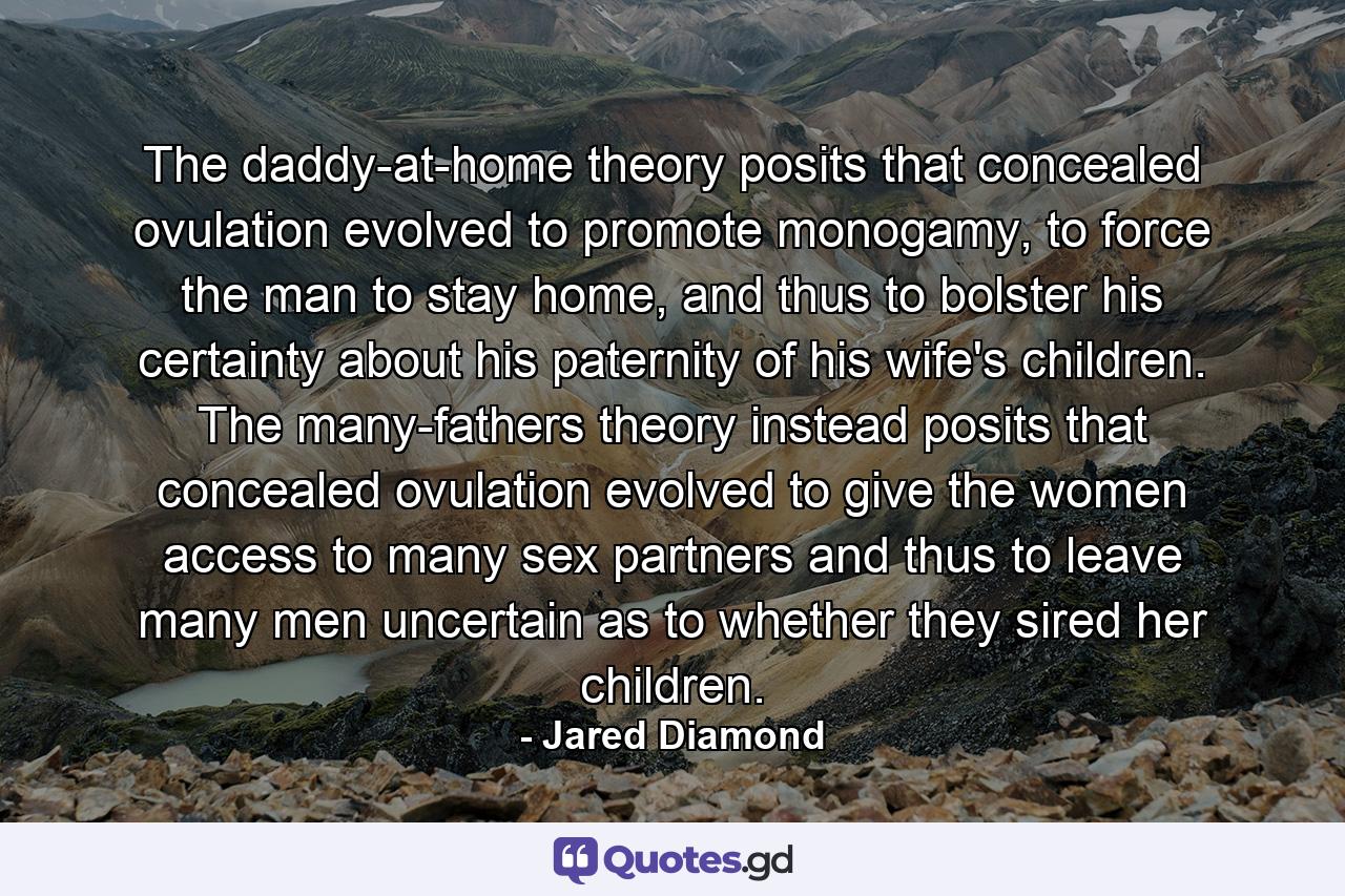 The daddy-at-home theory posits that concealed ovulation evolved to promote monogamy, to force the man to stay home, and thus to bolster his certainty about his paternity of his wife's children. The many-fathers theory instead posits that concealed ovulation evolved to give the women access to many sex partners and thus to leave many men uncertain as to whether they sired her children. - Quote by Jared Diamond