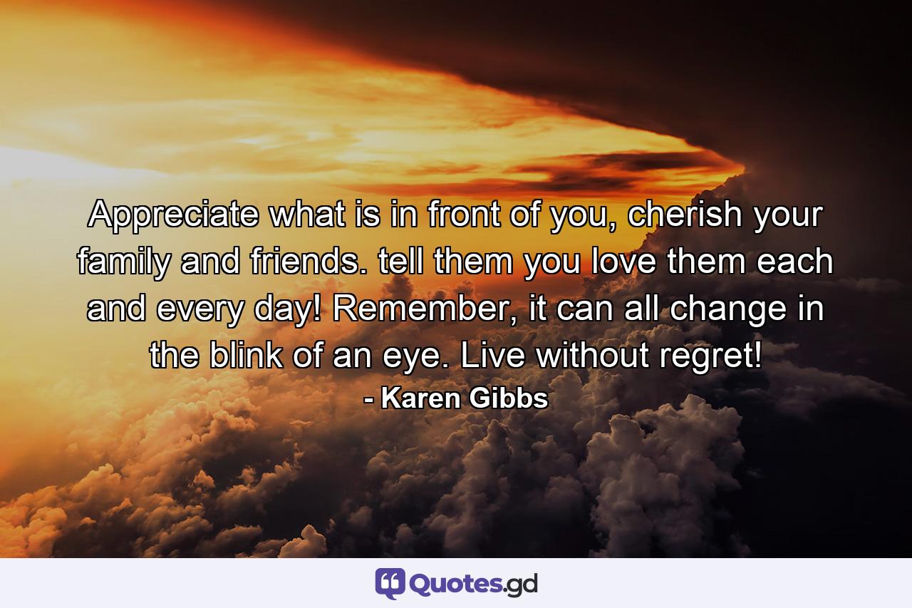 Appreciate what is in front of you, cherish your family and friends. tell them you love them each and every day! Remember, it can all change in the blink of an eye. Live without regret! - Quote by Karen Gibbs