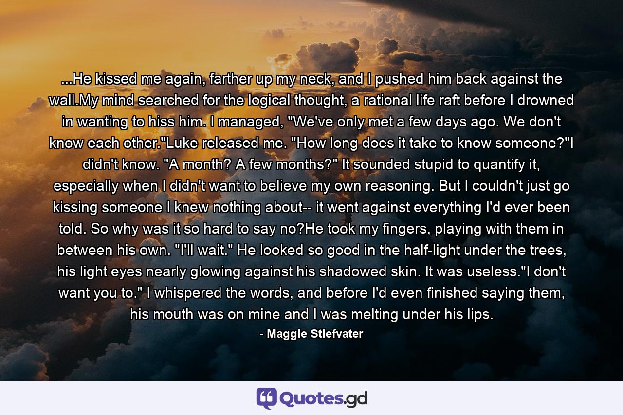 ...He kissed me again, farther up my neck, and I pushed him back against the wall.My mind searched for the logical thought, a rational life raft before I drowned in wanting to hiss him. I managed, 