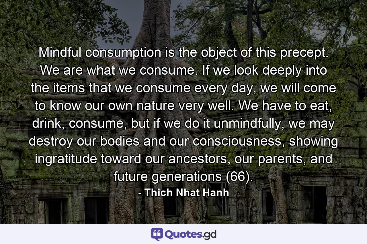 Mindful consumption is the object of this precept. We are what we consume. If we look deeply into the items that we consume every day, we will come to know our own nature very well. We have to eat, drink, consume, but if we do it unmindfully, we may destroy our bodies and our consciousness, showing ingratitude toward our ancestors, our parents, and future generations (66). - Quote by Thich Nhat Hanh