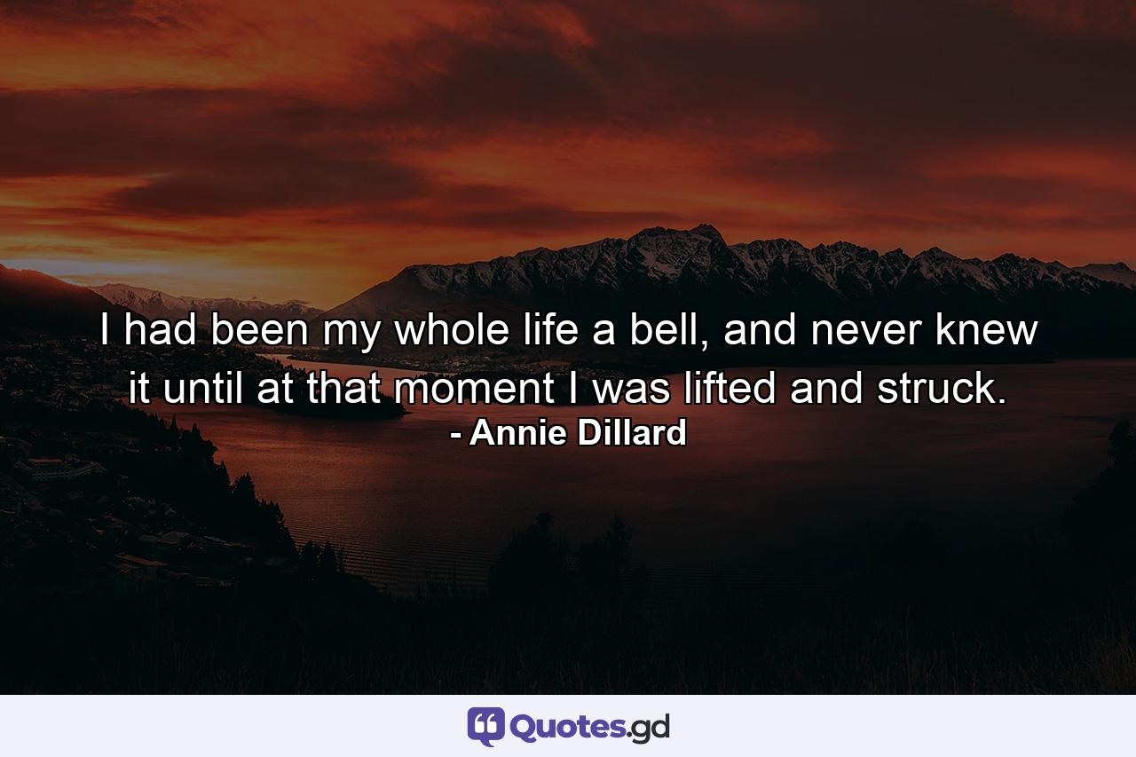 I had been my whole life a bell, and never knew it until at that moment I was lifted and struck. - Quote by Annie Dillard