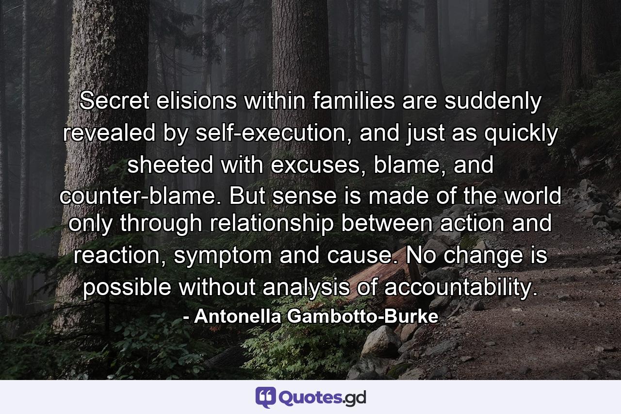 Secret elisions within families are suddenly revealed by self-execution, and just as quickly sheeted with excuses, blame, and counter-blame. But sense is made of the world only through relationship between action and reaction, symptom and cause. No change is possible without analysis of accountability. - Quote by Antonella Gambotto-Burke