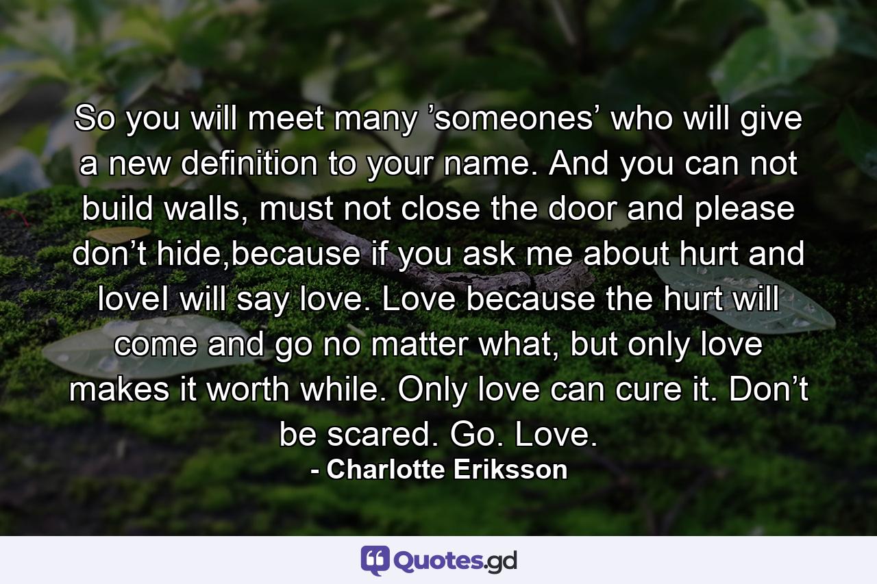 So you will meet many ’someones’ who will give a new definition to your name. And you can not build walls, must not close the door and please don’t hide,because if you ask me about hurt and loveI will say love. Love because the hurt will come and go no matter what, but only love makes it worth while. Only love can cure it. Don’t be scared. Go. Love. - Quote by Charlotte Eriksson