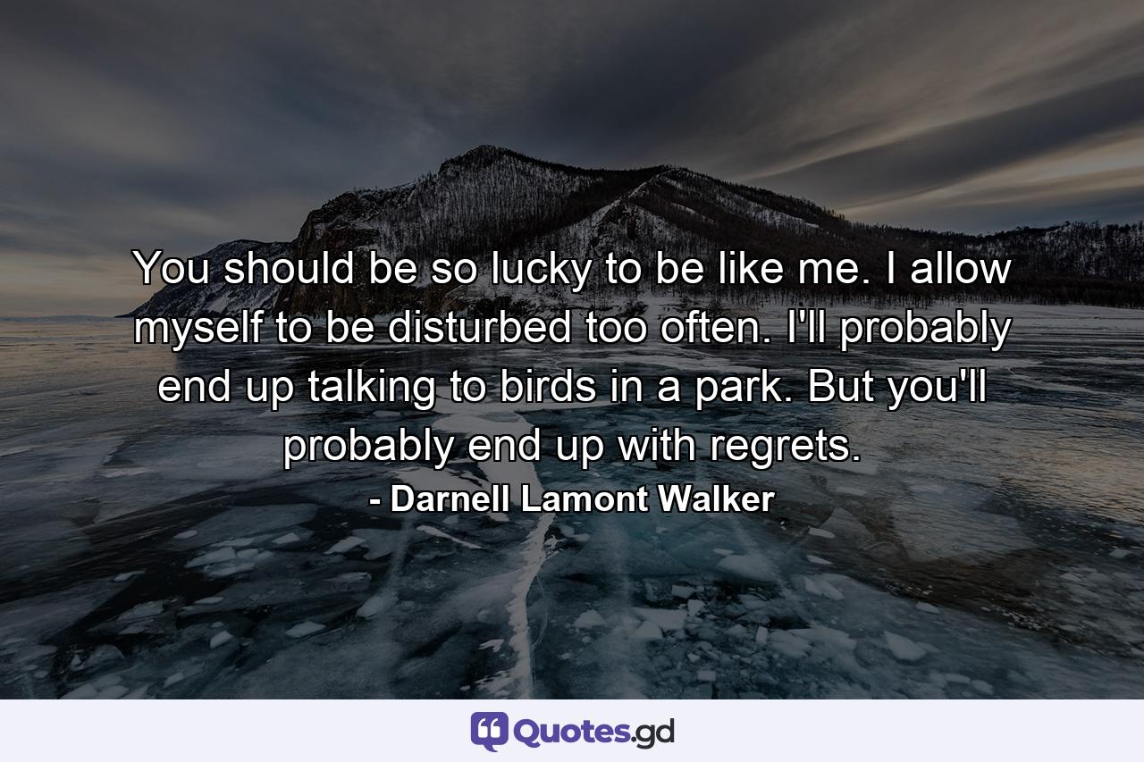 You should be so lucky to be like me. I allow myself to be disturbed too often. I'll probably end up talking to birds in a park. But you'll probably end up with regrets. - Quote by Darnell Lamont Walker