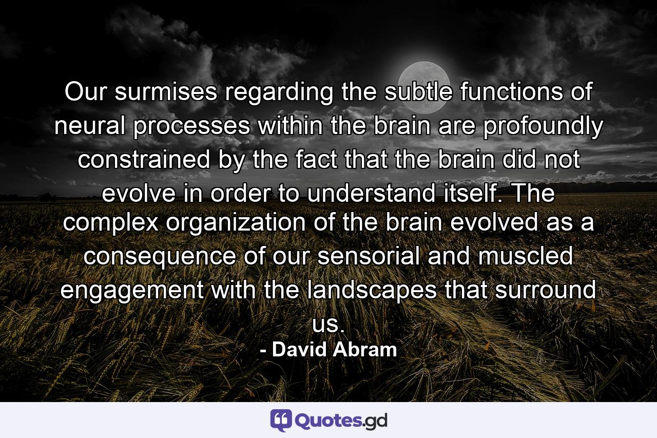 Our surmises regarding the subtle functions of neural processes within the brain are profoundly constrained by the fact that the brain did not evolve in order to understand itself. The complex organization of the brain evolved as a consequence of our sensorial and muscled engagement with the landscapes that surround us. - Quote by David Abram