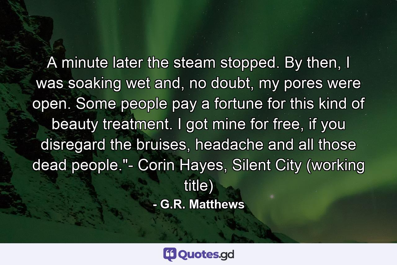 A minute later the steam stopped. By then, I was soaking wet and, no doubt, my pores were open. Some people pay a fortune for this kind of beauty treatment. I got mine for free, if you disregard the bruises, headache and all those dead people.